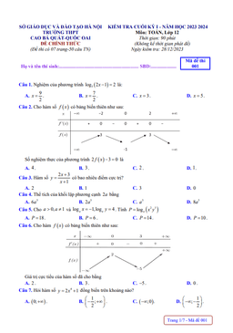 đề cuối kỳ 1 toán 12 năm 2023 – 2024 trường thpt cao bá quát – hà nội