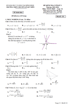 đề cuối kỳ 1 toán 12 năm 2023 – 2024 trường thpt chuyên lê quý đôn – bình định