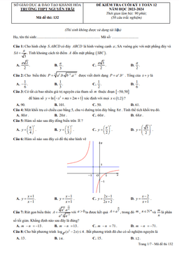 đề cuối kỳ 1 toán 12 năm 2023 – 2024 trường thpt nguyễn trãi – khánh hòa