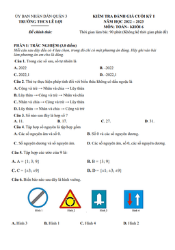 đề cuối kỳ 1 toán 6 năm 2022 – 2023 trường thcs lê lợi – tp hcm