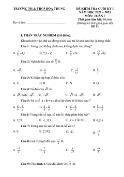 đề cuối kỳ 1 toán 7 năm 2022 – 2023 trường th&thcs hóa trung – thái nguyên