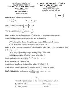 đề cuối kỳ 2 toán 10 năm 2021 – 2022 trường thpt phan đăng lưu – tp hcm