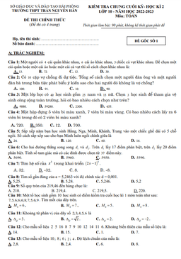 đề cuối kỳ 2 toán 10 năm 2022 – 2023 trường thpt trần nguyên hãn – hải phòng
