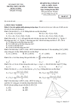 đề cuối kỳ 2 toán 11 chuyên năm 2023 – 2024 trường chuyên hùng vương – phú thọ