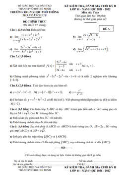 đề cuối kỳ 2 toán 11 năm 2021 – 2022 trường thpt phan đăng lưu – tp hcm