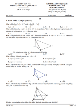 đề cuối kỳ 2 toán 11 năm 2022 – 2023 trường thpt trần quốc tuấn – kon tum