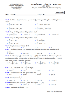 đề cuối kỳ 2 toán 12 năm 2022 – 2023 trường thpt đức hòa – long an