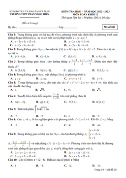 đề cuối kỳ 2 toán 12 năm 2022 – 2023 trường thpt phan ngọc hiển – cà mau