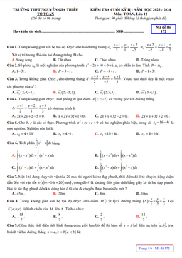 đề cuối kỳ 2 toán 12 năm 2023 – 2024 trường thpt nguyễn gia thiều – hà nội