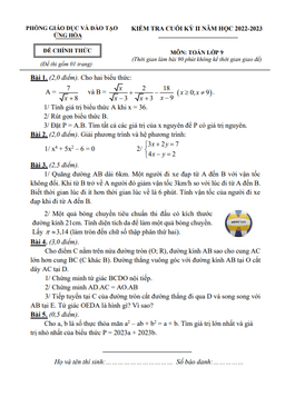 đề cuối kỳ 2 toán 9 năm 2022 – 2023 phòng gd&đt ứng hòa – hà nội