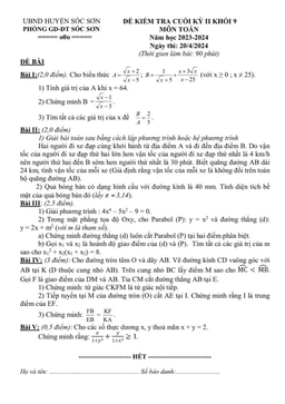 đề cuối kỳ 2 toán 9 năm 2023 – 2024 phòng gd&đt sóc sơn – hà nội