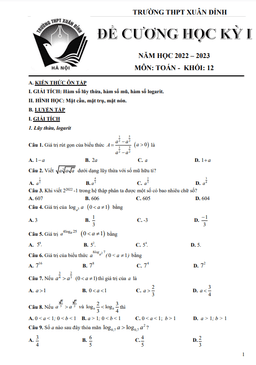 đề cương cuối kỳ 1 toán 12 năm 2022 – 2023 trường thpt xuân đỉnh – hà nội