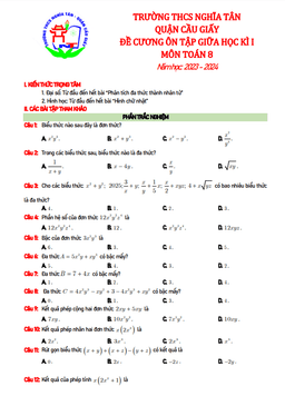 đề cương giữa học kì 1 toán 8 năm 2023 – 2024 trường thcs nghĩa tân – hà nội