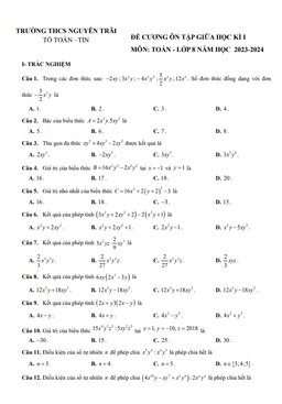 đề cương giữa học kì 1 toán 8 năm 2023 – 2024 trường thcs nguyễn trãi – quảng trị
