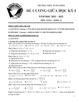 đề cương giữa học kỳ 1 toán 12 năm 2021 – 2022 trường thpt xuân đỉnh – hà nội