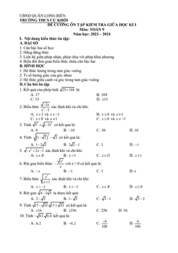 đề cương giữa học kỳ 1 toán 9 năm 2023 – 2024 trường thcs cự khối – hà nội