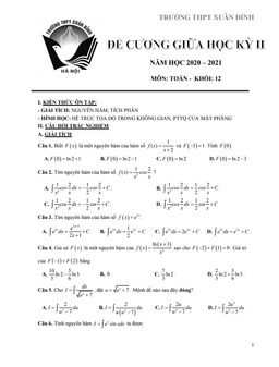 đề cương giữa học kỳ 2 toán 12 năm 2020 – 2021 trường thpt xuân đỉnh – hà nội