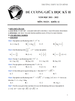 đề cương giữa học kỳ 2 toán 12 năm 2021 – 2022 trường thpt xuân đỉnh – hà nội