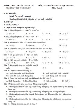 đề cương giữa kì 1 toán 8 năm 2021 – 2022 trường thcs thanh liệt – hà nội