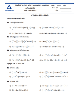 đề cương giữa kì 1 toán 8 năm 2023 – 2024 trường archimedes đông anh – hà nội