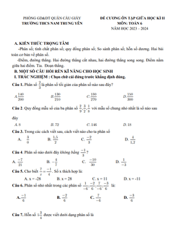 đề cương giữa kì 2 toán 6 năm 2023 – 2024 trường thcs nam trung yên – hà nội