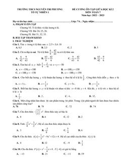 đề cương giữa kì 2 toán 7 năm 2022 – 2023 trường thcs nguyễn tri phương – hà nội