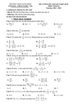 đề cương giữa kì 2 toán 8 năm 2023 – 2024 trường thcs xuân đỉnh – hà nội