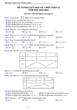 đề cương giữa kỳ 1 toán 12 năm 2023 – 2024 trường thpt bắc thăng long – hà nội