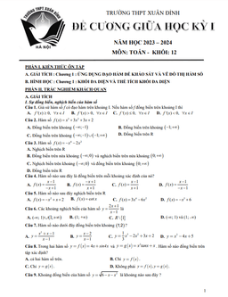 đề cương giữa kỳ 1 toán 12 năm 2023 – 2024 trường thpt xuân đỉnh – hà nội