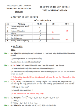 đề cương giữa kỳ 2 toán 10 năm 2023 – 2024 trường thpt bắc thăng long – hà nội