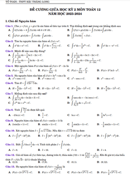 đề cương giữa kỳ 2 toán 12 năm 2023 – 2024 trường thpt bắc thăng long – hà nội