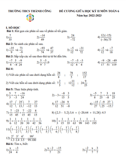 đề cương giữa kỳ 2 toán 6 năm 2022 – 2023 trường thcs thành công – hà nội
