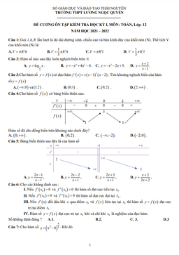đề cương hk1 toán 12 năm 2021 – 2022 trường lương ngọc quyến – thái nguyên