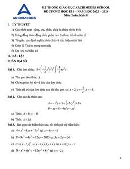 đề cương học kì 1 toán 8 năm 2023 – 2024 hệ thống giáo dục archimedes school – hà nội