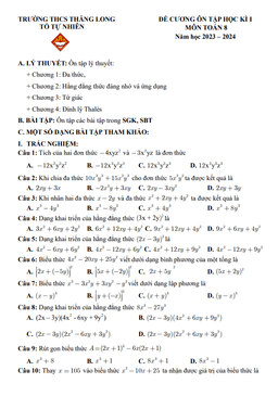 đề cương học kì 1 toán 8 năm 2023 – 2024 trường thcs thăng long – hà nội