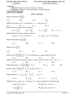 đề cương học kỳ 2 toán 11 năm 2020 – 2021 trường thpt hai bà trưng – tt huế