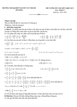 đề cương ôn tập giữa hk1 toán 7 năm 2021 – 2022 trường nguyễn tất thành – hà nội
