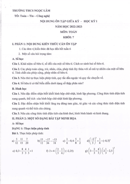 đề cương ôn tập giữa kì 1 toán 7 năm 2022 – 2023 trường thcs ngọc lâm – hà nội