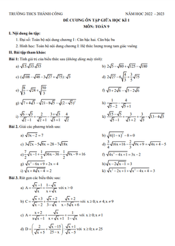đề cương ôn tập giữa kì 1 toán 9 năm 2022 – 2023 trường thcs thành công – hà nội