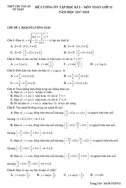 đề cương ôn tập hk1 môn toán 11 năm học 2017 – 2018 trường thpt chu văn an – hà nội