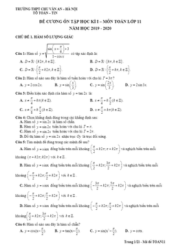 đề cương ôn tập hk1 toán 11 năm 2019 – 2020 trường chu văn an – hà nội