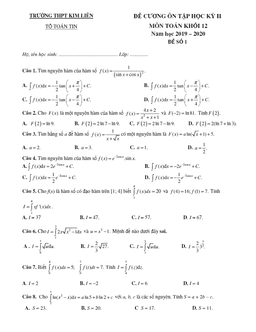đề cương ôn tập hk2 toán 12 năm 2019 – 2020 trường thpt kim liên – hà nội