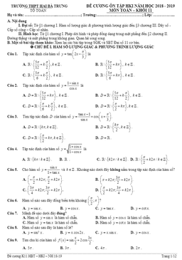 đề cương ôn tập hki toán 11 năm học 2018 – 2019 trường thpt hai bà trưng – tt. huế