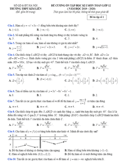 đề cương ôn tập học kì 1 toán 12 năm 2019 – 2020 trường kim liên – hà nội
