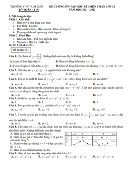 đề cương ôn tập học kì 1 toán 12 năm 2021 – 2022 trường thpt kim liên – hà nội