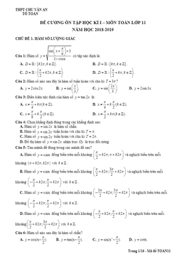 đề cương ôn tập học kỳ 1 toán 11 năm 2018 – 2019 trường thpt chu văn an – hà nội
