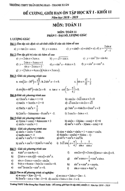 đề cương ôn tập học kỳ 1 toán 11 năm 2018 – 2019 trường trần hưng đạo – hà nội