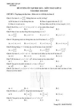 đề cương ôn tập học kỳ 1 toán 12 năm 2018 – 2019 trường thpt chu văn an – hà nội