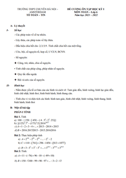 đề cương ôn tập học kỳ 1 toán 6 năm 2021 – 2022 trường chuyên hà nội – amsterdam