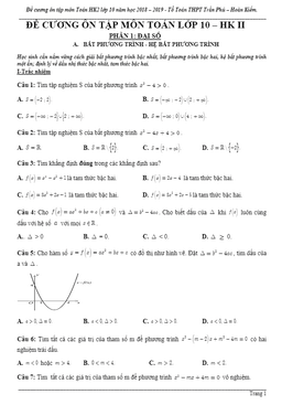 đề cương ôn tập toán 10 hk2 năm 2018 – 2019 trường trần phú – hà nội